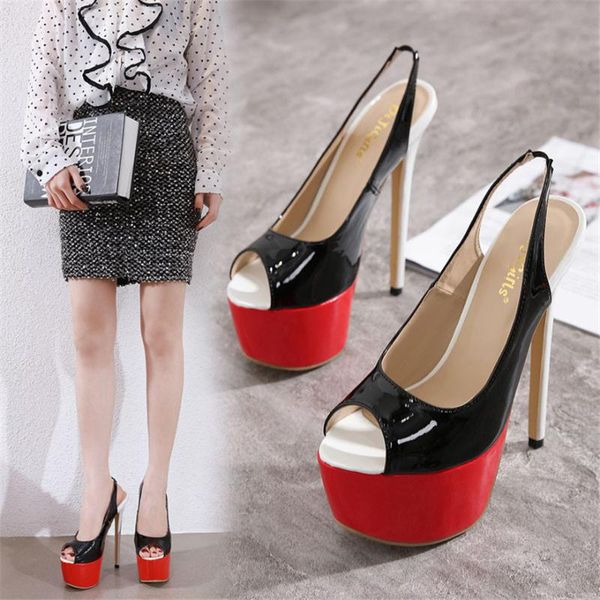 

sandals back strap mixed color stripper women's shoes patent leather high platform thin heels pumps party woman peep toe wedding, Black