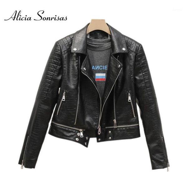 

faux leather jacket wome detachable hem 2020 sping new short locomotive crocodile skin texture biker coat as202191, Black