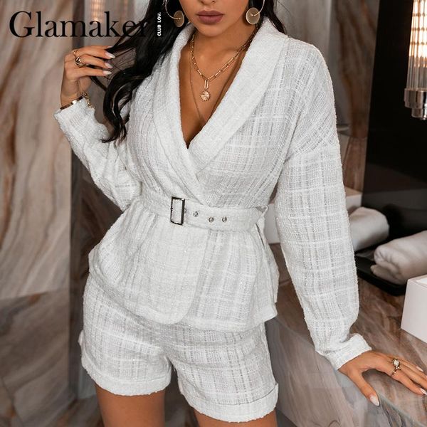 

glamaker white spring autumn 2 piece suits office ladies elegant blazer and shorts 2020 female fashion sets with belt, Gray
