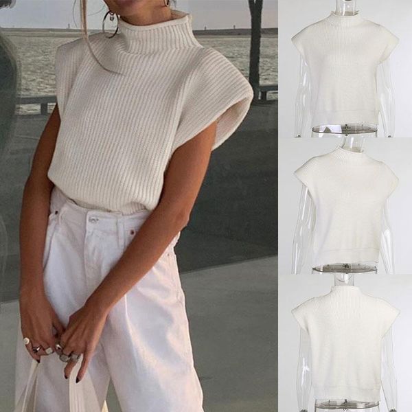 

women's sweaters fashion sweater women casual jumper with shoulder pad solid color knitted vest sleeveless turtleneck, White;black