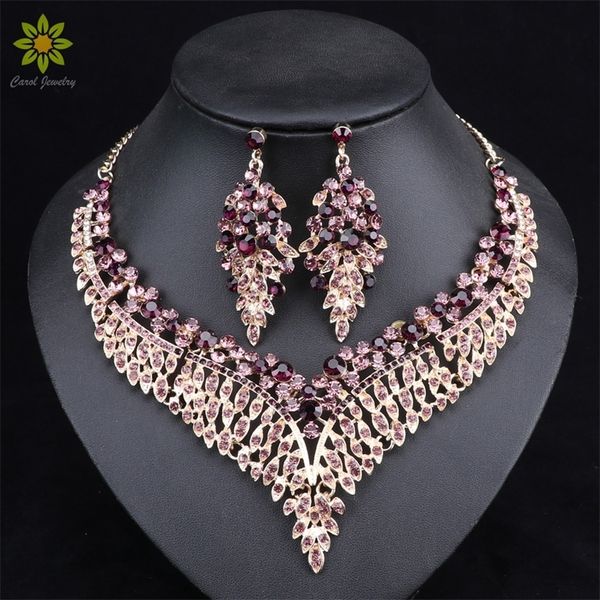 

leaf african bridal for women big crystal statement necklace earrings sets wedding jewelry 201222, Slivery;crystal