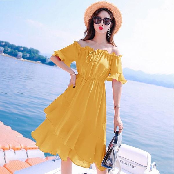 

women ruffles high waist dress summer plaid slash neck dresses off shouder beach casual vestidos1, Black;gray