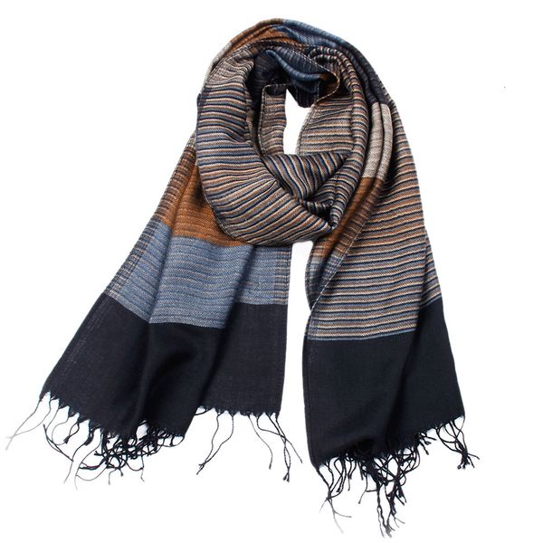 

men's new yarn-dyed cotton scarf alifreq style striped double-sided tassel scarf, Blue;gray