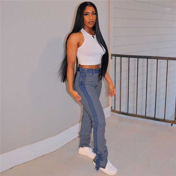 

xingqing women color block jeans adults new high waist fringe pencil pants with pockets trousers women streetwear pantalon femme1, Blue