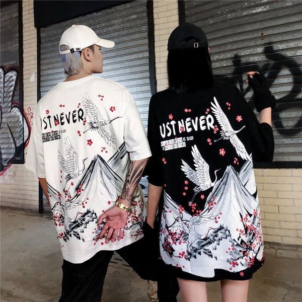 

футболка хип-хоп мужчины 2021 японская уличная одежда harajuku sakura crane tshirt с коротким рукавом хлопок япония улица носить футболку мо, White;black
