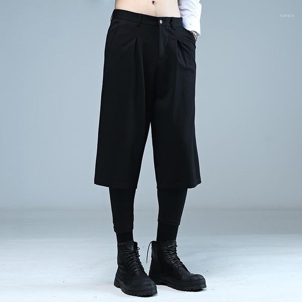 

2021 new men's loose fake two-piece nine-point pants men's retro waist belt wide-leg pants casual1, Black