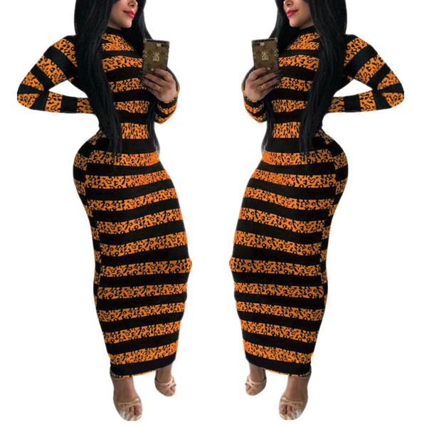 

women's bodycon dress, long sleeve mock neck leopard stripes print maxi dress, Black;gray