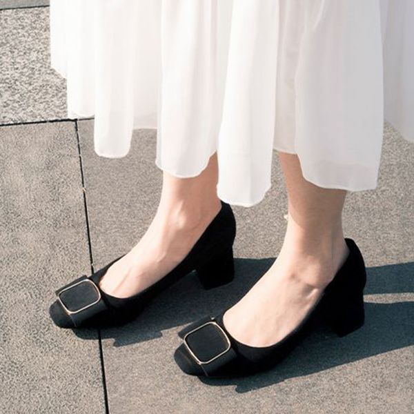 

elegant pointed open toe party wedding pumps women footwear classic large 33-43 flock high heels shoe buckle, Black