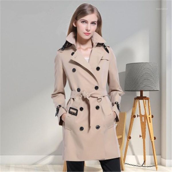 

2020 spring fashion double breasted mid-long trench coat women slim belt cloak windproof waterproof women coat 1581, Tan;black