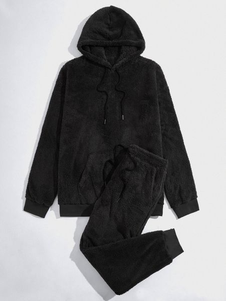 

men kangaroo pocket drawstring teddy hoodie & pants l8kb#, Gray