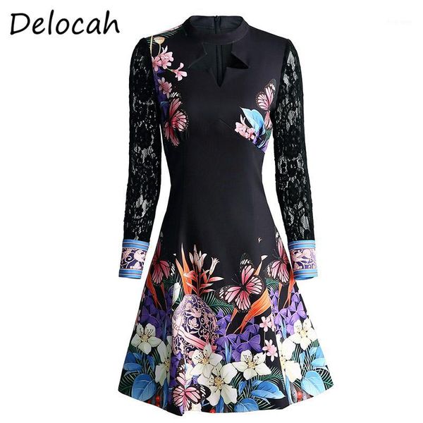 

delocah spring summer dress fashionÂ designerÂ women long sleeve gorgeous lace patchwork floral printed short dresses vestidos1, Black;gray