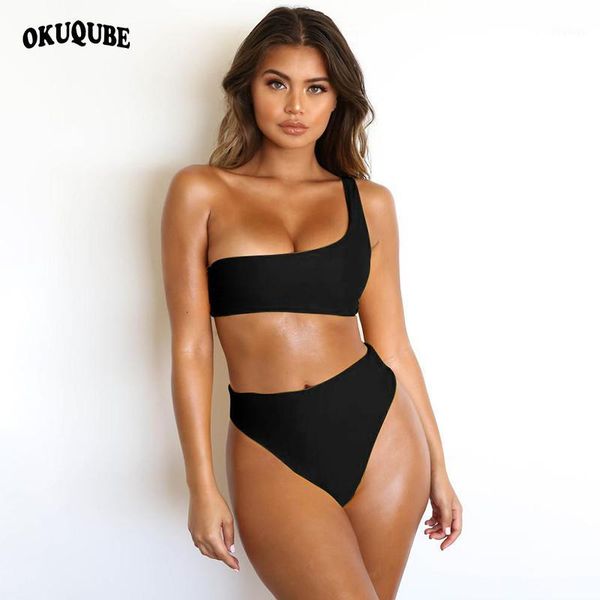 

one shoulder bikini set women high waisted swimwear solid padded swimsuit black red blue biquini two pieces beachwear woman1, White;black