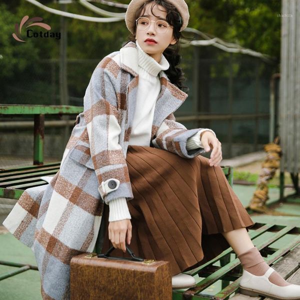 

cotday casual pocket plaid long wool korean style 2020 fashion women long vintage coat female warm winter button wool blends1, Black