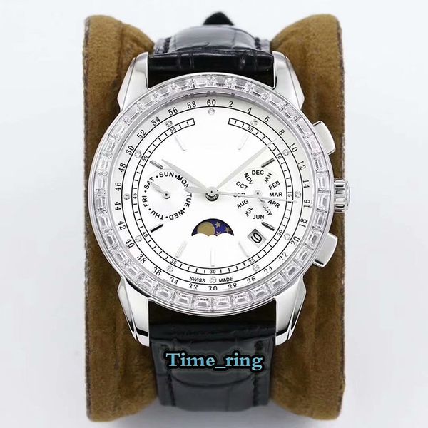 

version 5271p-001 moon phase dial silver diamond bezel 9100 multifunctional automatic movement mens watch black leather strap watches, Slivery;brown