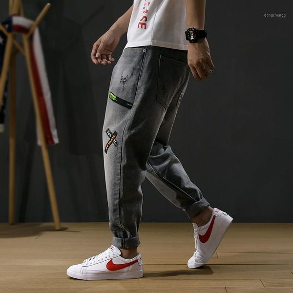 

fashion streetwear men jeans gray color patches designer harem jeans men ripped pencil pants korean style hip hop homme1, Blue