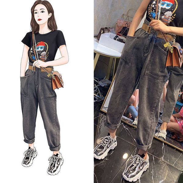 

new european high waist jeans women's loose radish smoke grey daddy pants, Blue