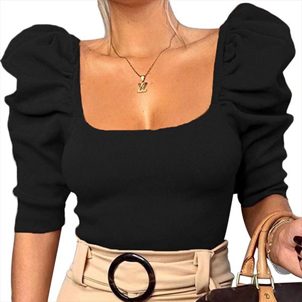 

new fashion women ladies summer u neckline casual half puff sleeve square neck crop blouse shirt black white red orange