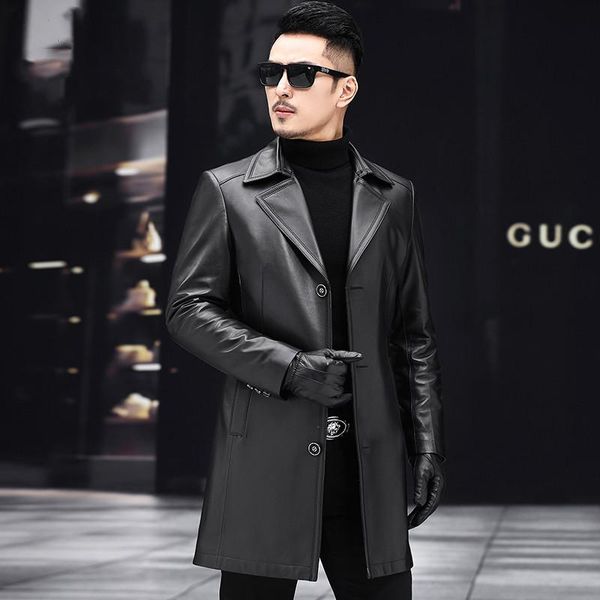 

haining leather coat men's medium and long fashionable sheep skin youth suit collar leather windbreaker men's coat, Tan;black