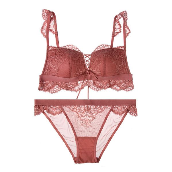 

retro lace set sweet rimless cotton cup wire bra with panties underwear ruffle side mesh briefs, Red;black