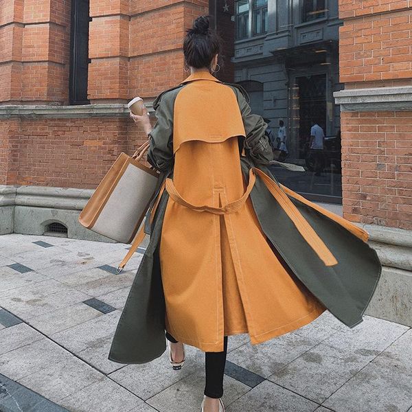 

women's trench coats [ewq] autumn high qulitay coat women largr size vintage chic classic long windbreaker hit color patchwork simple, Tan;black