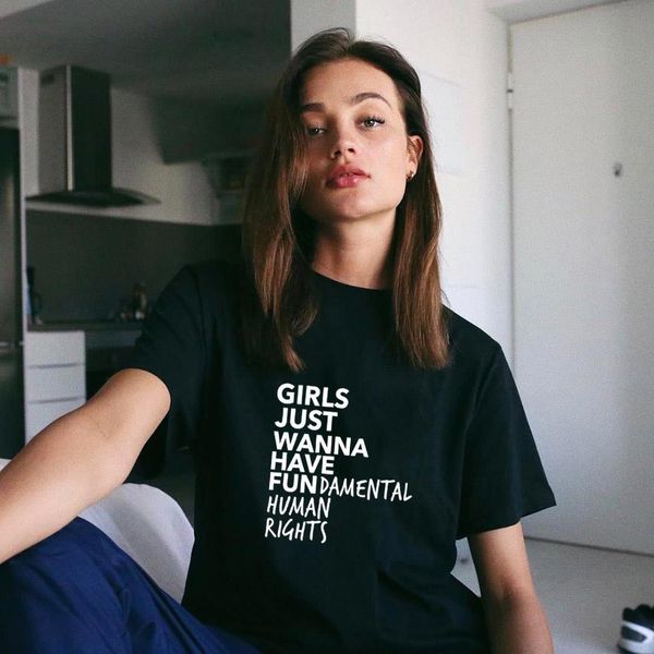 

girls just wanna have fundamental human rights print feminist t shirt women short sleeve summer o-neck tees camisetas mujer, White