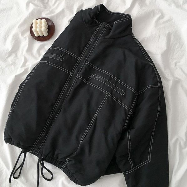 

casual warm cotton padded clothes 2021 winter new women's dress korean standing loose lace waist zipper solid color outer wear1, Black