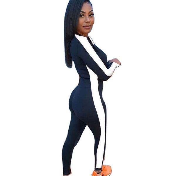 

women zipper panelled jumpsuit v neck color matching long sleeve slim fit rompers ladies fitness jumpsuit, Black;white