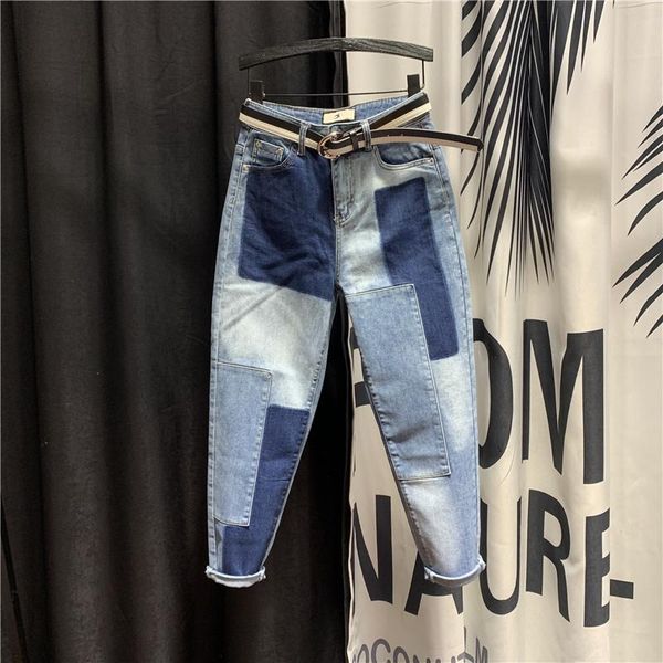 

new harajuku high waist color block jeans trousers women 2021 spring new korean irregularly patched denim harem pants, Blue