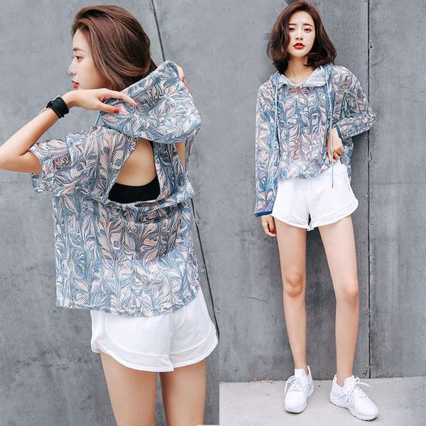 

1gym quick sleeve drying long yoga three piece suit running loose and breathable hooded sports cover up for women's autumn, Gray