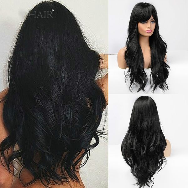 

long black wigs cosplay body wave lace wigs with full bangs for white/black women brazilian american natural hair, Black;brown