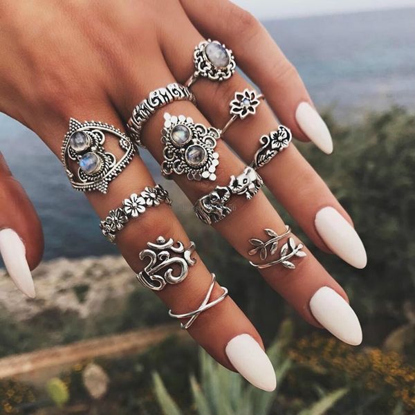 Ancient Silver Knuckle Ring Conjunto de elefante coroa de flor an￩is de empilhamento mulheres an￩is midi cen￡rios de j￳ias de moda ir￣o e presente arenoso