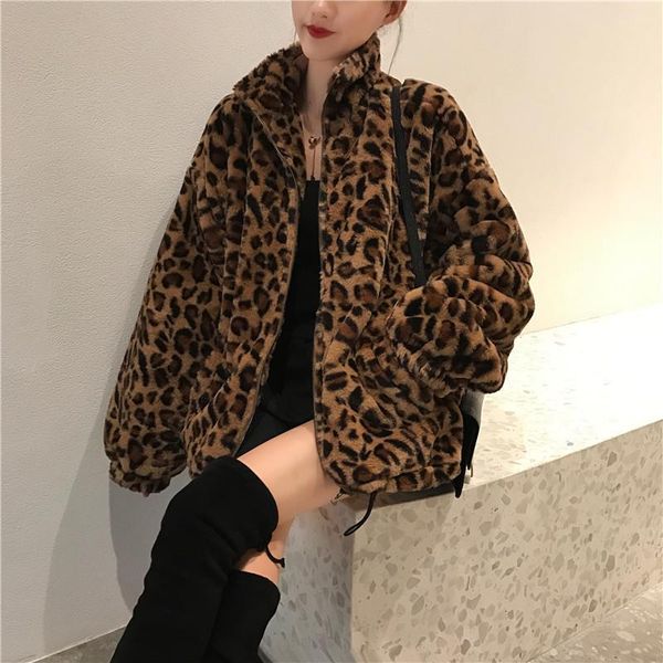 

winter warm jacket women vintage leopard stand collar zipper outwear lady loose plus size faux fur plush coat streetwear, Black