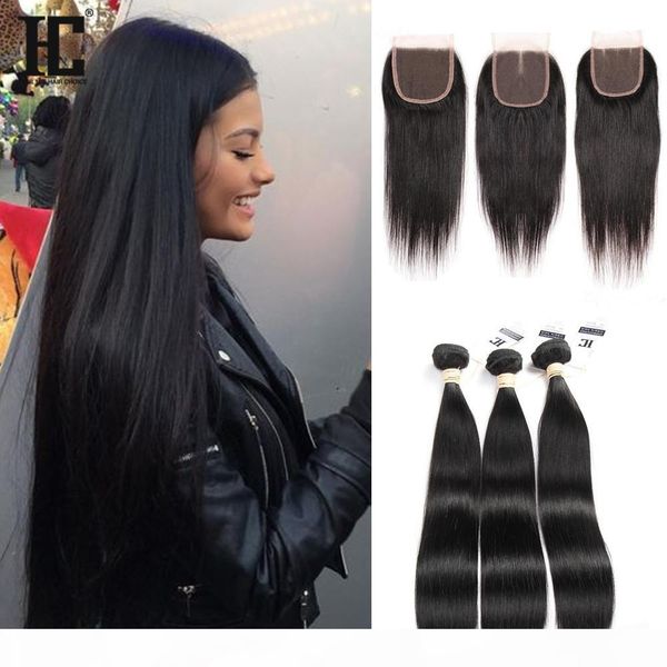 

hc hair lace closure with 3 bundles brazilian straight hair peruvian indian malaysian cambodian virgin human hair weaves closure 4*4, Black;brown