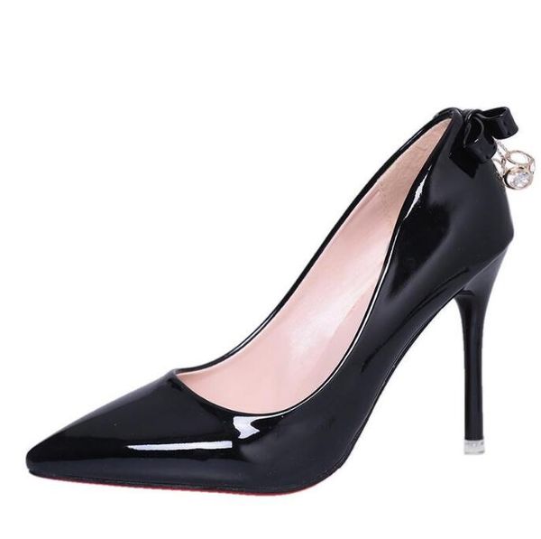 

korean version of the elegant rhinestone thin heel shallow-toe shoes with pointy bow, Black