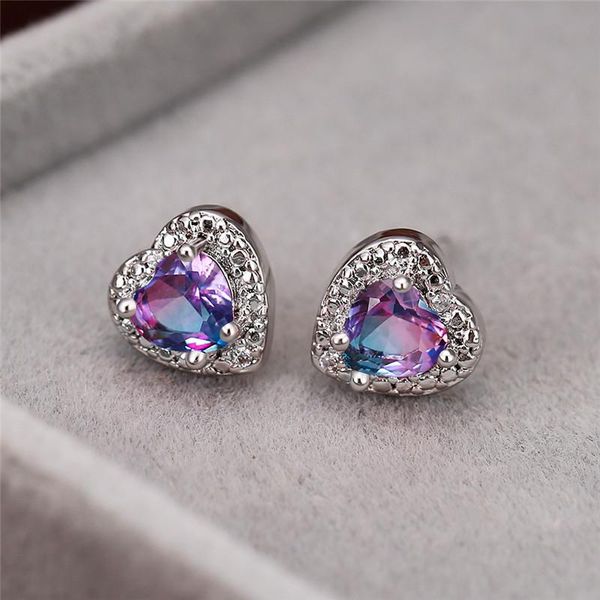 

Female Cute Blue Purple Heart Stone Earrings For Women Wedding Jewelry Vintage Fashion Rainbow Zircon Silver Color Stud Earrings, Golden;silver