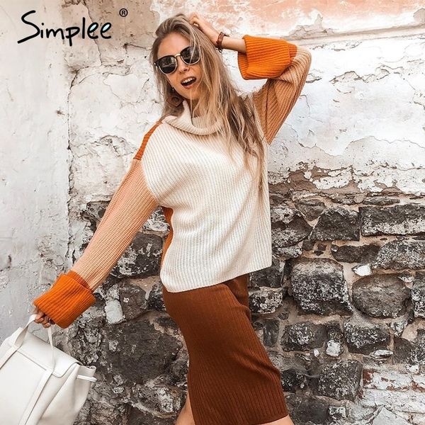 

simplee patchwork turtleneck knitted sweaters female casual long sleeve korean pullover jumper women streetwear ladies sweater y200722, White;black