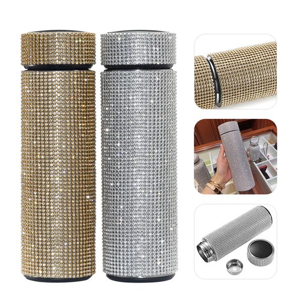 

350/500ml bling shiny diamond water bottle rust-thermos cup portable silver thermoscan smart temperature coffee mug