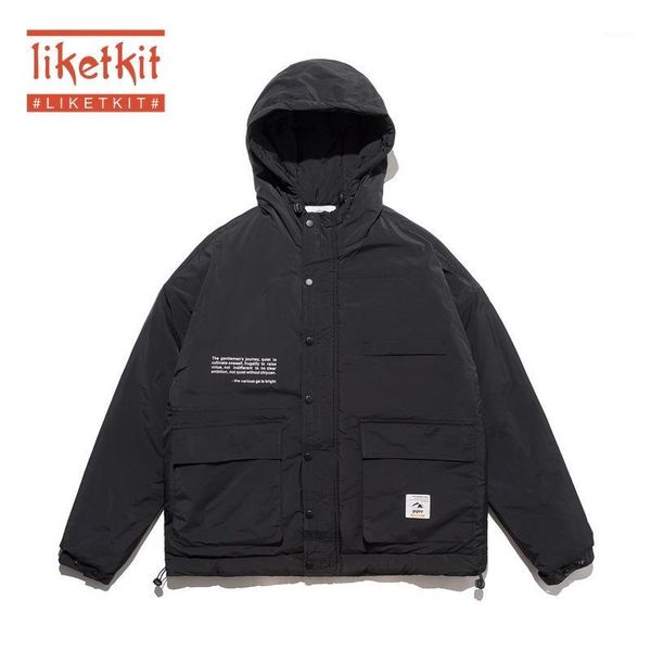 

liketkit mens winter warm parkas 2019 male print pockets solid thick hooded jackets men oversize korean style casual windbreaker1, Black