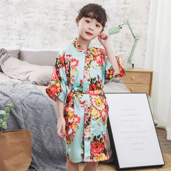 

show peony kimono nightdrs bathrobe baby silk children's nightgown, Blue;red
