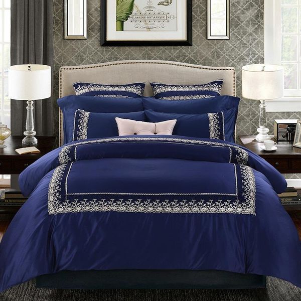 

bedding sets luxury europe set 4pcs/6pcs duvet cover+sheet+pillow case cotton twill royalblue embroidery men bed high quality