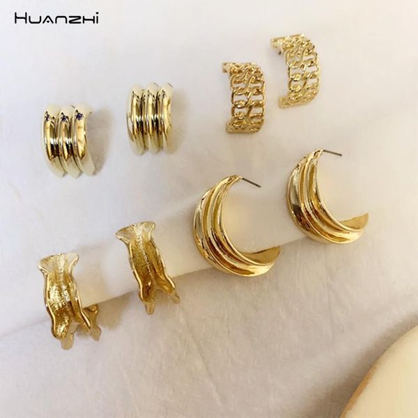 

huanzhi 2020 new geometric multilevel irregular fold semicircle chain weave style brass plating hoop earrings for women jewelry, Golden;silver