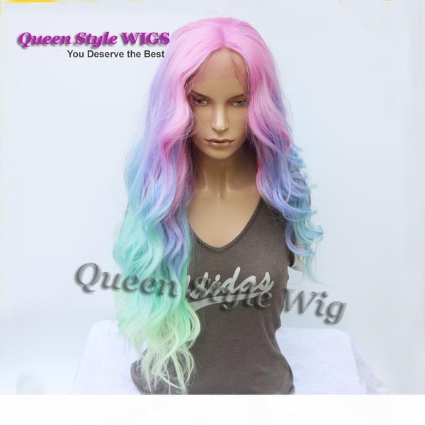 

mermaid pastel rainbow hair wig synthetic rainbow color pink purple blue fluorescent green ombre hair lace front wig mermaid cosplay wigs, Black
