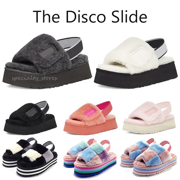 

new women pantoufle slipper fur disco fur rainbow disco checker slide slides platform sliders sandals hausschuhe thick bottom size35-44, Black