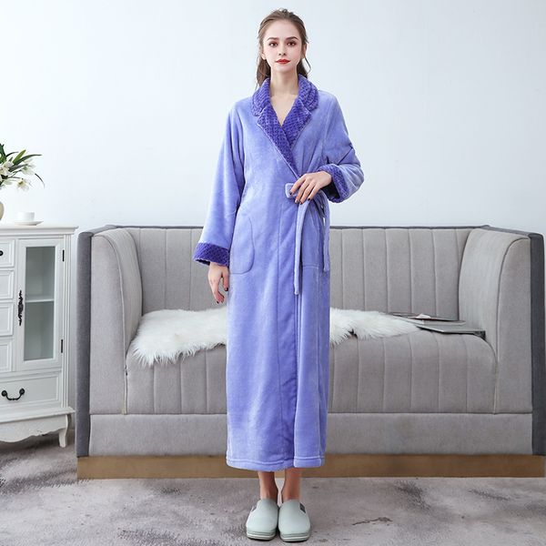 

2021 new women's autumn winter long flannel nightgown plus size solid thick bathrobes v neck with sashes female sleepwear 3l2o, Black;red