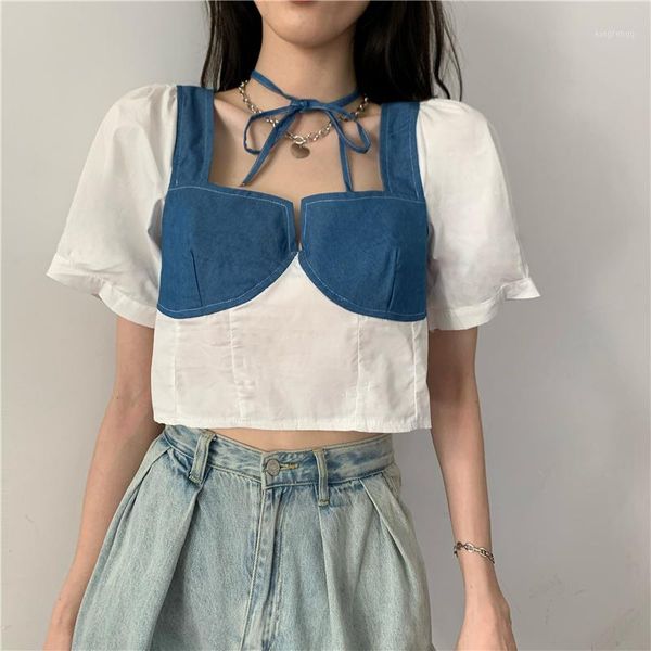 

womens and blouses summer women casual cropped puff sleeve shirt female denim shirts women's fashion short blouse girls, White