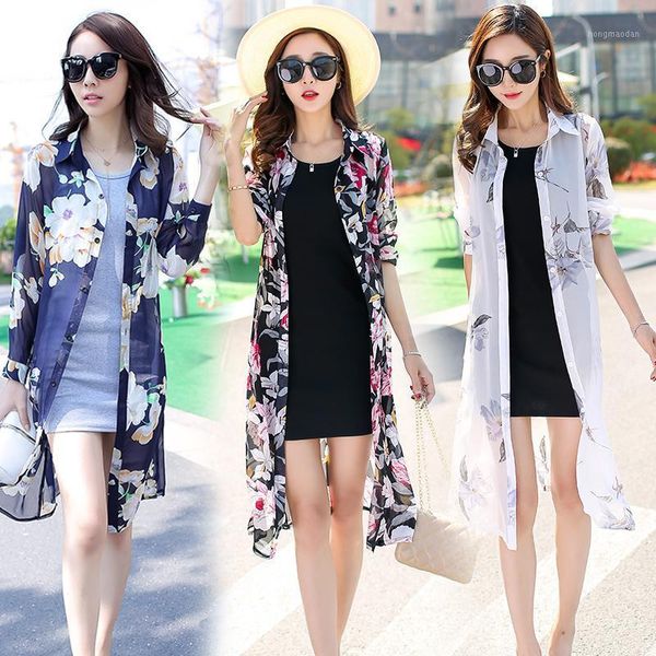 

tingyili boho cardigan women summer sun protection long sleeve chiffon shirts vintage flower print beach long kimono cardigan1, White