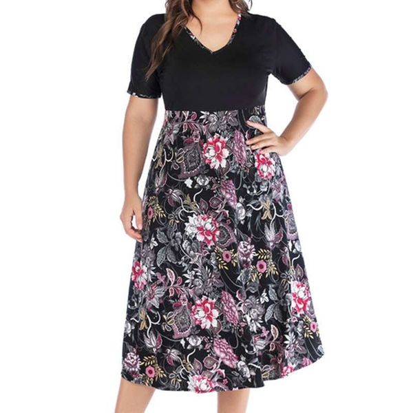 

summer new high waisted crew neck short sleeve print patchwork dress large women's wear, Black;gray