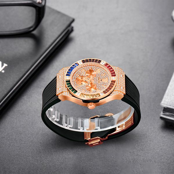 

black cool color strap watch fashion luxury chronograph clock square mens rubber watch diamond quartz strap waterproof jtwaa, Slivery;brown