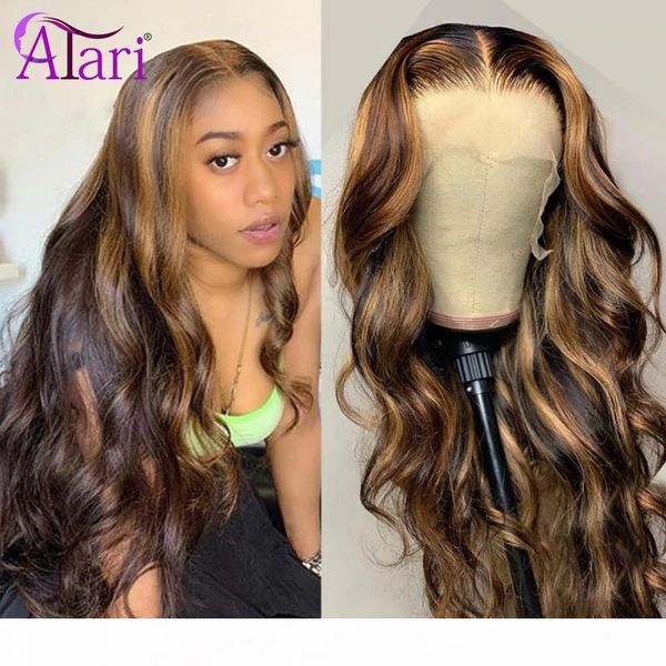 

13x6 hd lace frontal wig honey color omber highlight virgin hair body wave lace front wig baby hair human wave wigs, Black;brown