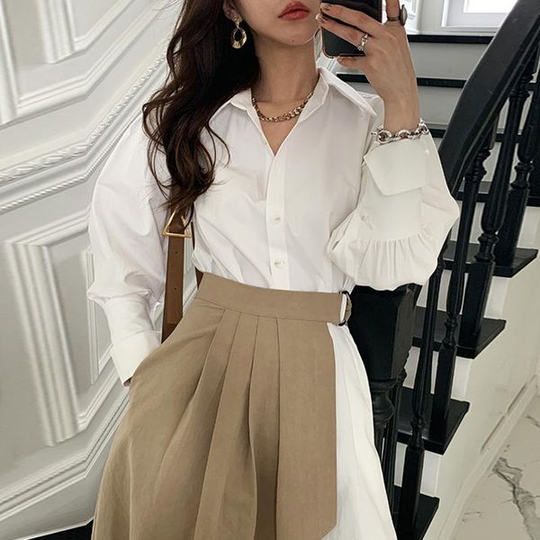 

korean two piece set autumn winter 2020 high waist irregular shirt dress and pleated apron office ladies 2 piece sets elegant, Gray